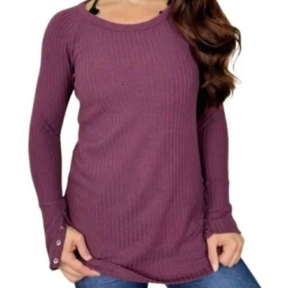 Chaser Womens Medium Burgundy Thermal Waffle Knit Top Long Sleeve Button Cuff